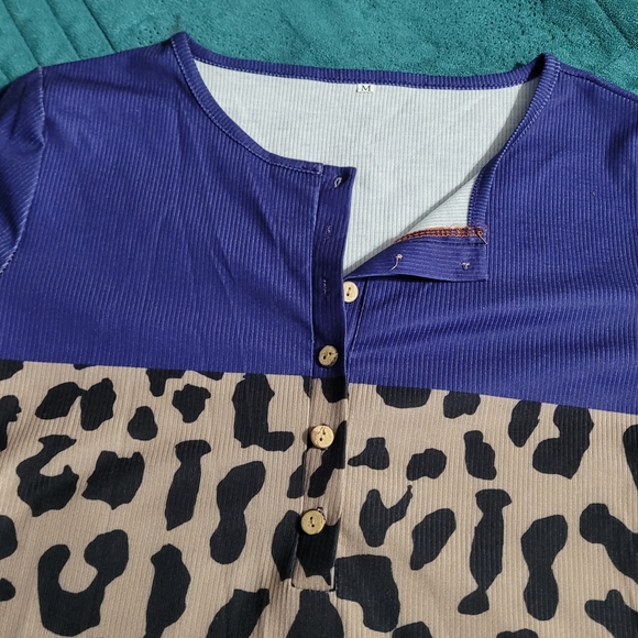 Leopard Colorblock Crocheted Long Sleeve Button Up Blouse, Medium - Picture 6 of 10